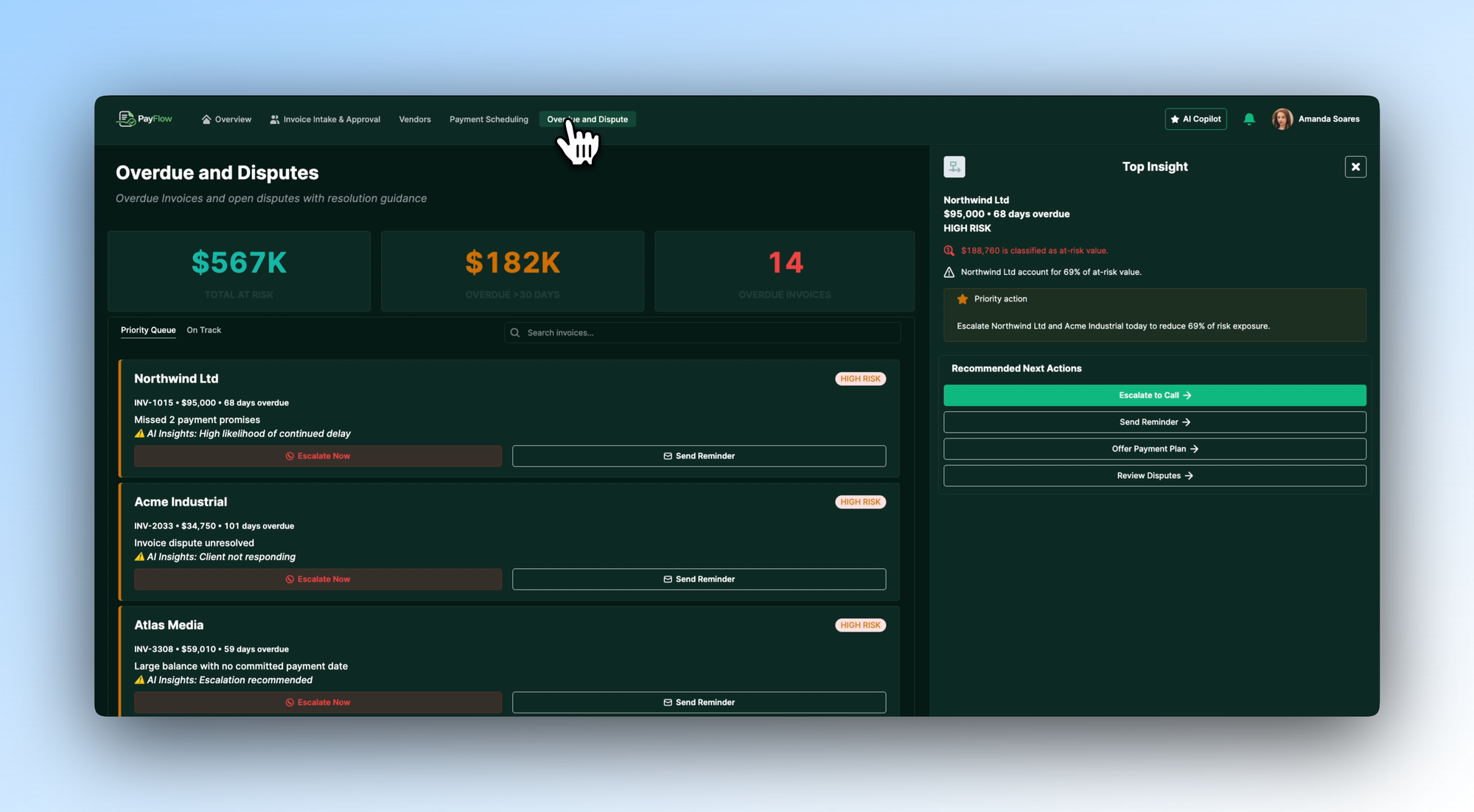 Overdue and disputes queue showing high-risk invoices with AI insights and a Top Insight panel recommending escalation actions to reduce collection risk.