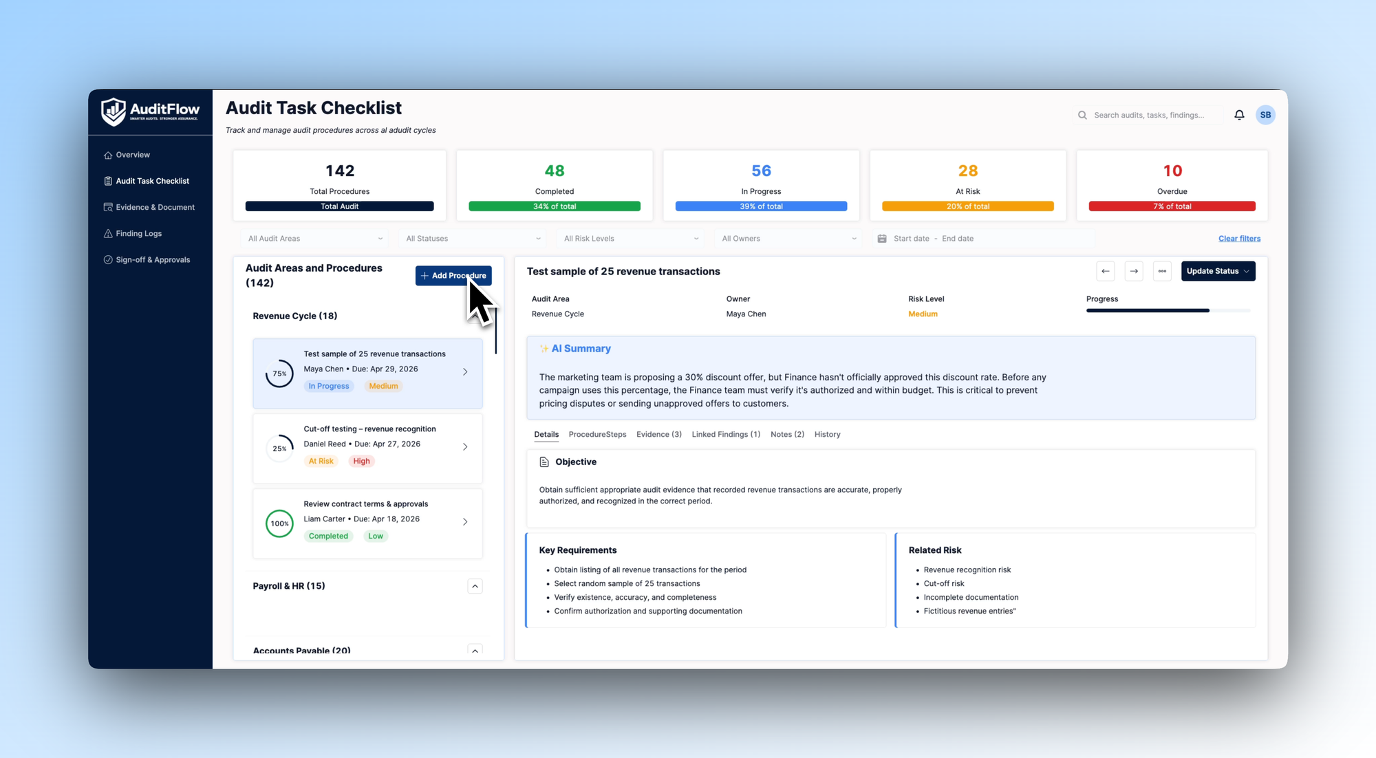 Audit task checklist showing procedures organised by audit area with progress and risk status, alongside a detailed task view with AI summary and key requirements.