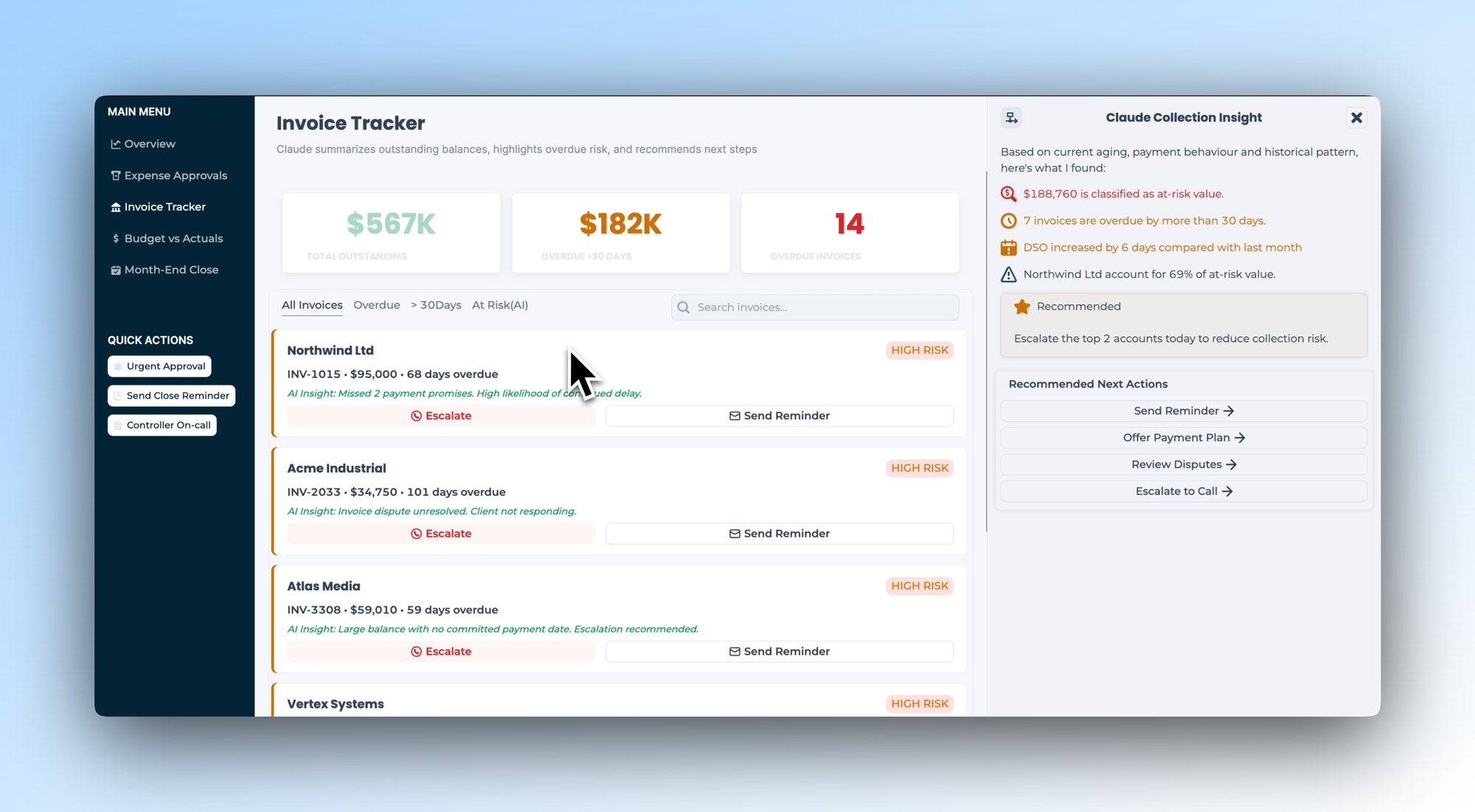 Invoice tracker showing overdue and high-risk invoices with a Claude Collection Insight panel and recommended next steps.