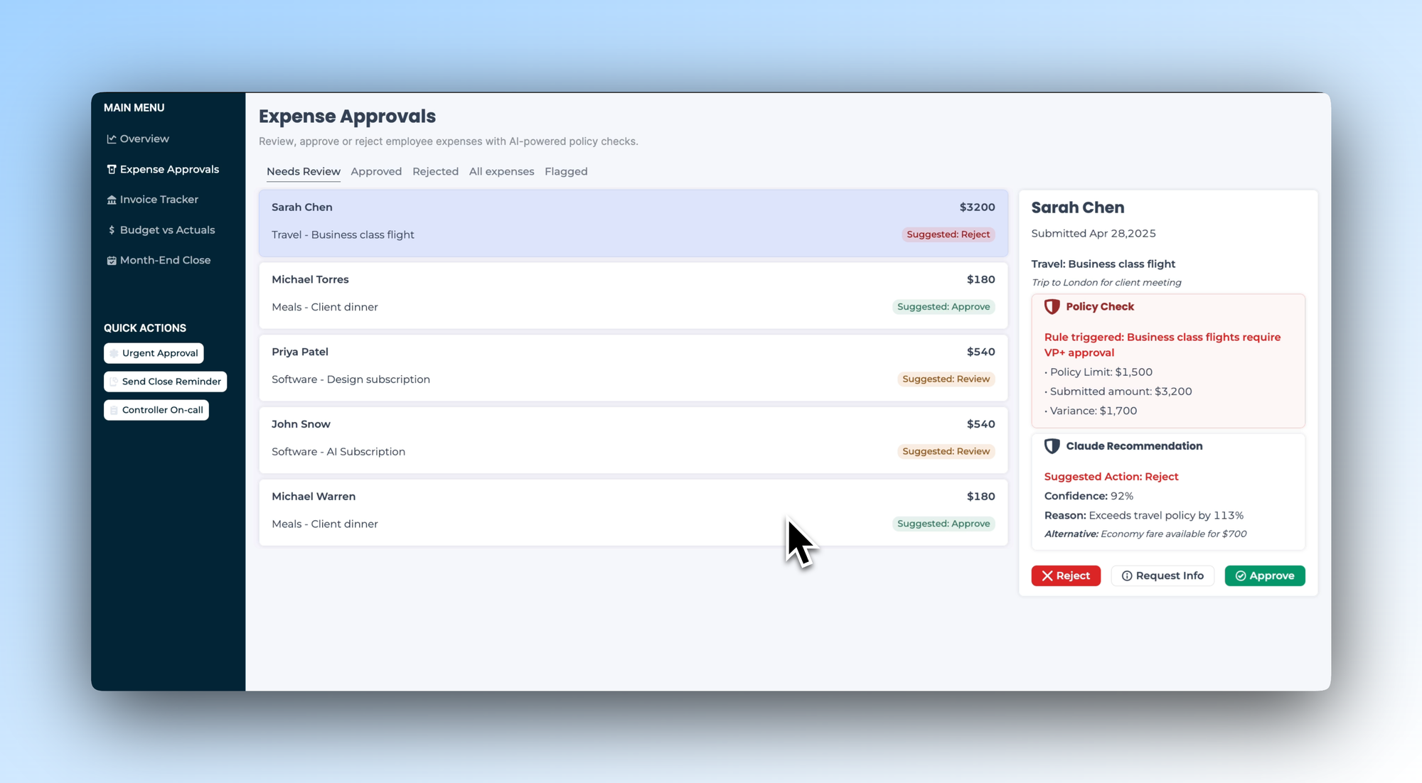 Expense approval queue with AI-generated approve and reject recommendations and a Claude policy check panel.