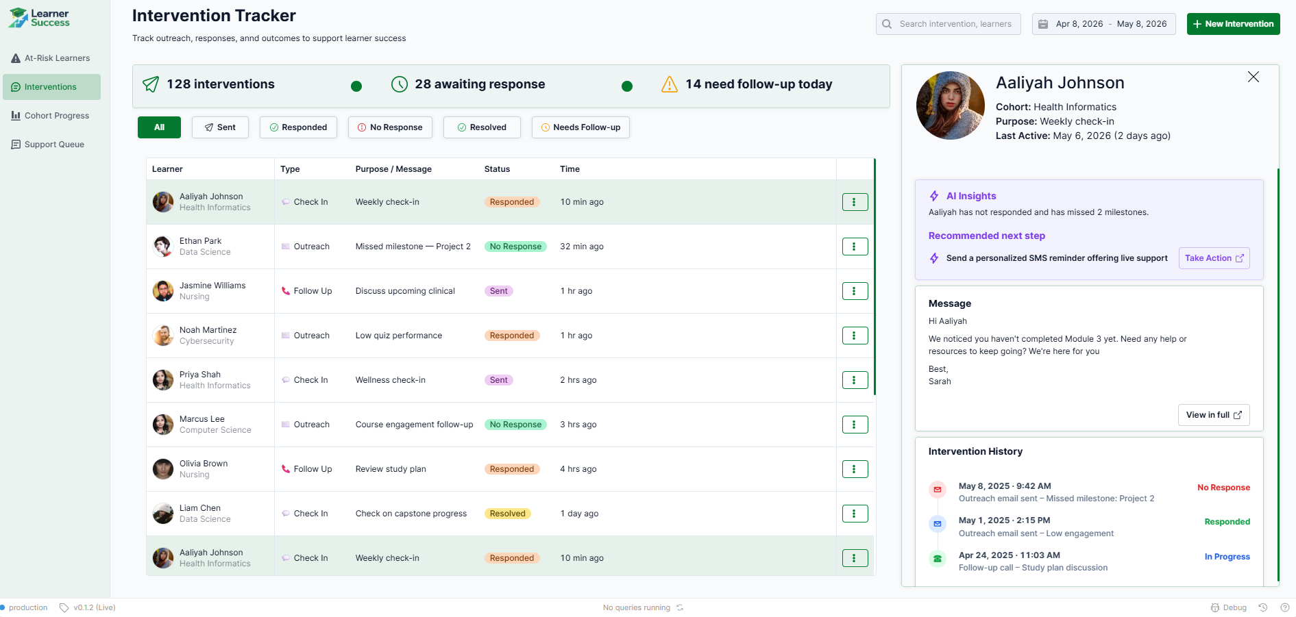 Intervention tracker showing outreach log with status tags and a side panel with AI insights, recommended next step, and intervention history.