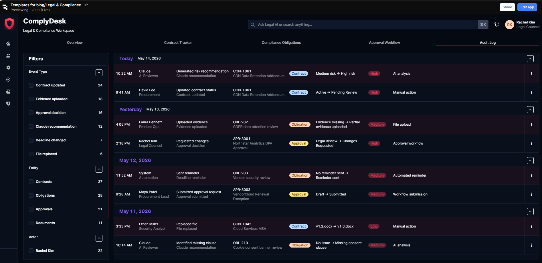 Audit log showing a chronological record of all actions across contracts, obligations, approvals, and documents, filterable by event type, entity, actor, and date.