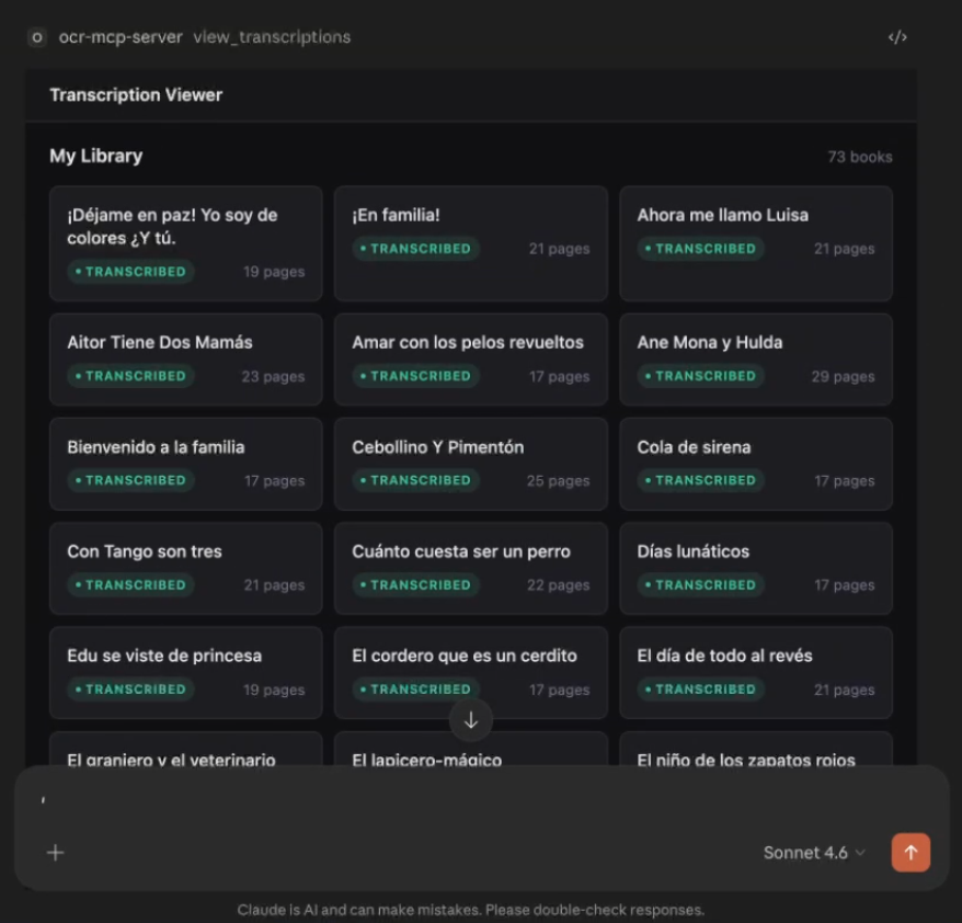 Screenshot of a chat interface showing a dark-themed "My Library" grid listing 73 transcribed children's books as tiles, with a chat input box visible at the bottom of the screen.