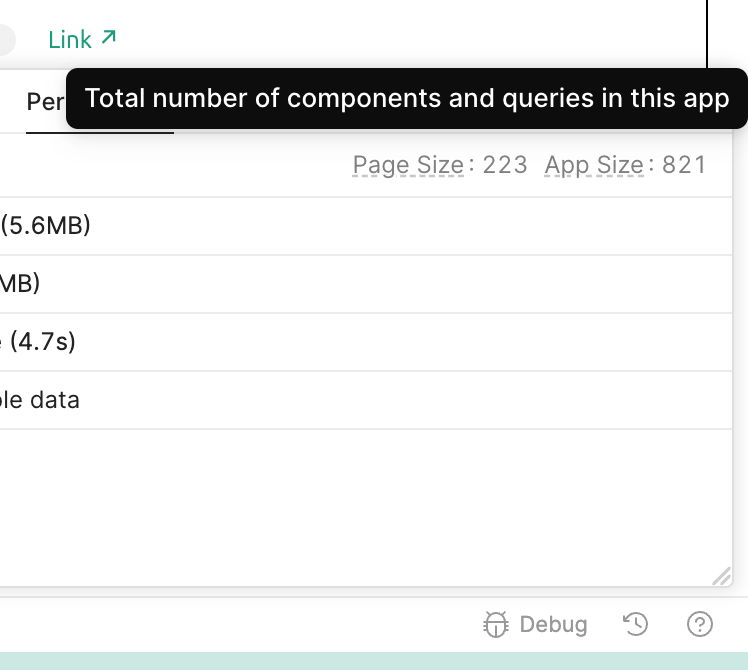 Screenshot of Retool's Debug panel showing the Performance tab, with the App Size metric displaying the app's total component count.