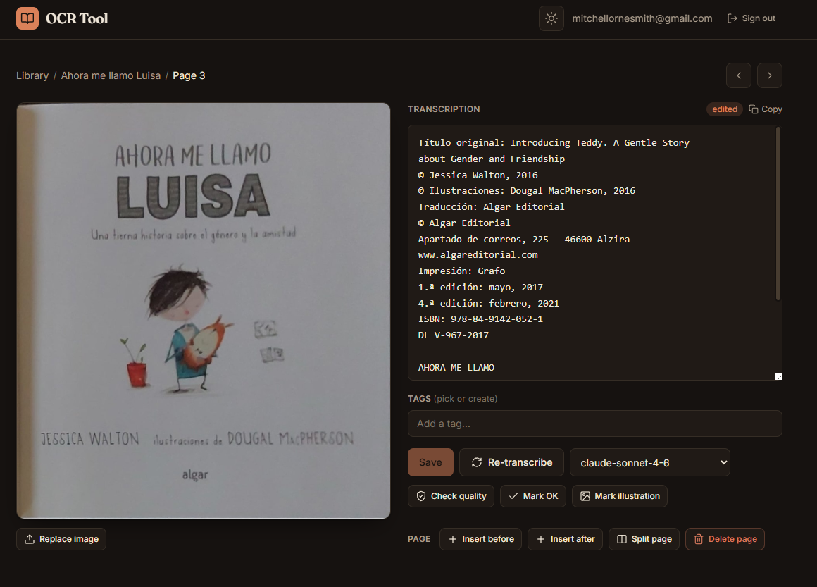 Screenshot of the OCR Tool web app showing a picture book's cover on the left and its transcribed Spanish text on the right, with options to re-transcribe, tag, and edit the page.