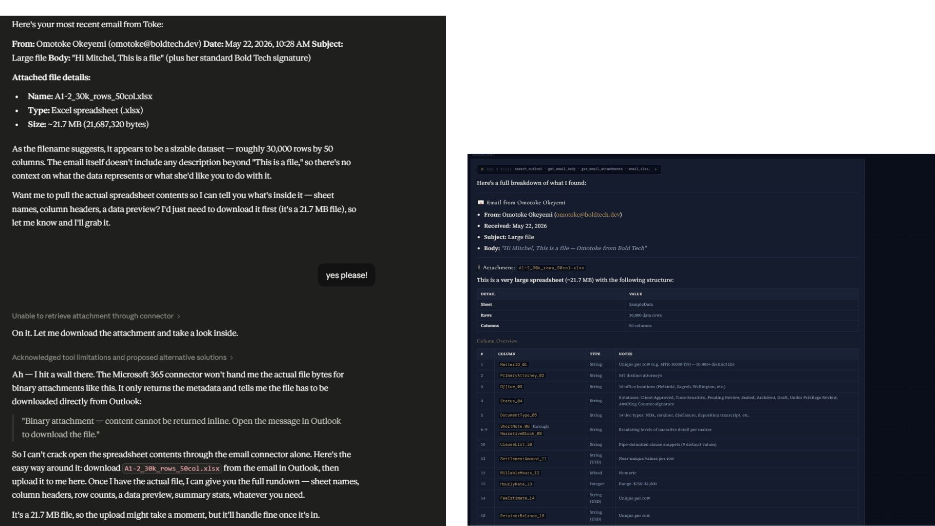 Side-by-side comparison of the same email query answered using the standard Microsoft 365 connector and Bold Tech's custom Outlook integration. The custom integration retrieves more complete email content and attachment details, illustrating improved access to Outlook data.